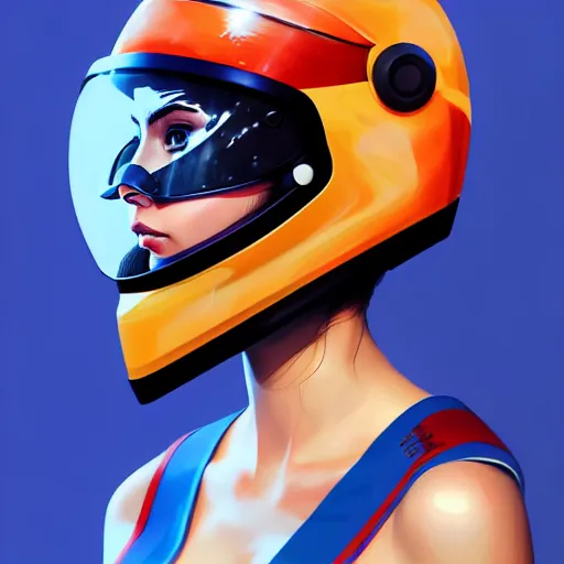 Prompt: profile photo of a girl driver with a helmet and a visor, side profile in underwater, highly detailed, digital painting, artstation, concept art, smooth, sharp focus, illustration by Sandra Chevrier