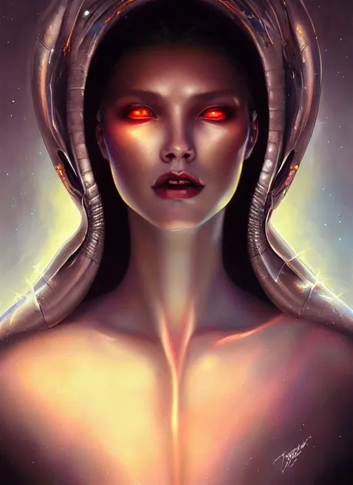 Image similar to a beautiful alien woman with sapphire skin, painted by artgerm and tom bagshaw, fantasy art, dramatic lighting, highly detailed oil painting