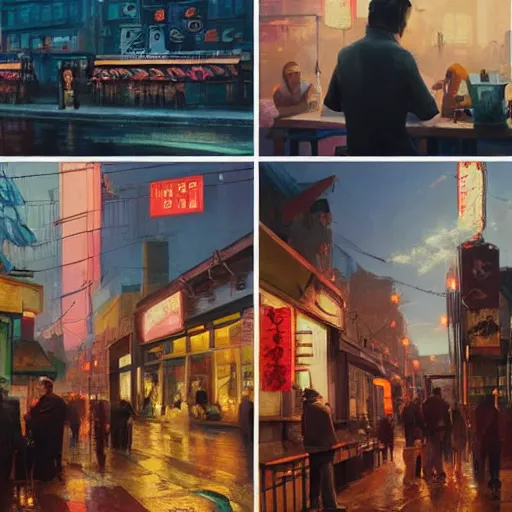 Image similar to people eating at street food noodle shop, chillwave, electronic billboards, tech noir, wet reflections, atmospheric, ambient, livia prima, greg rutkowski, edward hopper, pj crook