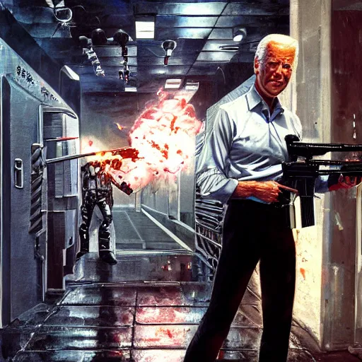 Image similar to joe biden as the terminator executing t-1000 Donald Trump with a shotgun, dramatic lighting, cinematic, establishing shot, extremly high detail, photorealistic, cinematic lighting, artstation, style by James Gurney