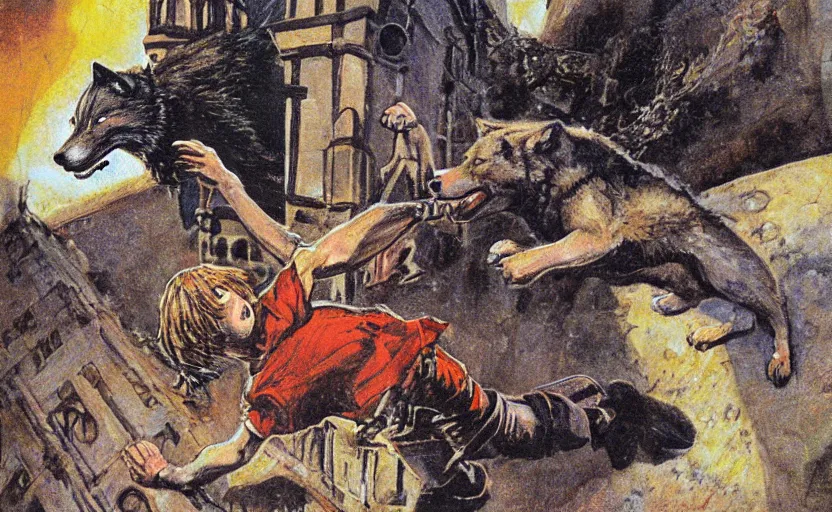 Image similar to a boy fighting a wolf on the edge of a clocktower, by josh kirby gouache, print