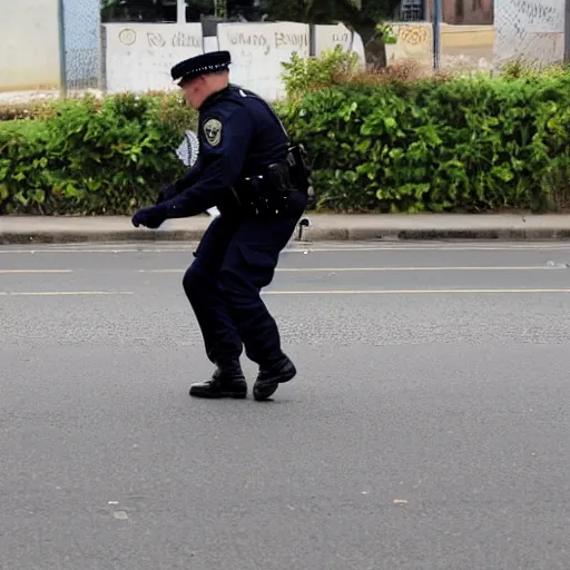 Prompt: Police man slipping on a banana