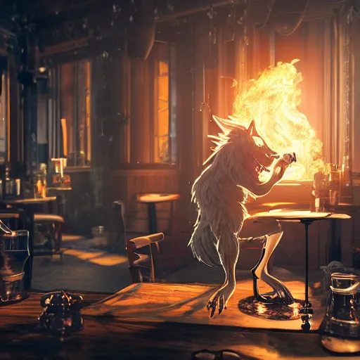 Prompt: A epic and beautiful rococo werewolf drinking coffee, in a burning coffee shop. ultra-detailed. Anime, pixiv, UHD 8K CryEngine, octane render