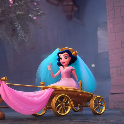 Image similar to disney inspired cindrella and her magic chariot, hi definition, photo realistic painting, octane render, 8 k, art station, unreal engine, beautiful details,