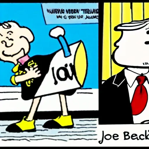 Image similar to a cartoon of joe biden pulling away the nuclear football before trump can kick it, cartoon in the style of peanuts by charles schulz