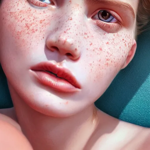 Image similar to portrait of a cute thin young woman, red blush, cute freckles, small smile, modern clothes, relaxing on the beach, cozy living room, close up shot, 8 k, art by irakli nadar, hyperrealism, hyperdetailed, ultra realistic