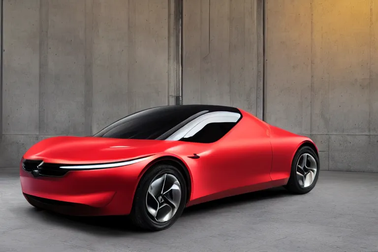 Image similar to a car designed by the technology company Apple Inc., side-front view, studio photo