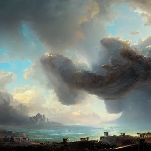 Prompt: Panorama view of a hurricane lifting the ruins of a castle into the sky, flying island, oil painting, by Greg Rutkowski