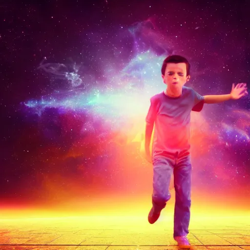 Prompt: boy floating toward interdimensional portal, nebula background, film still, octane render