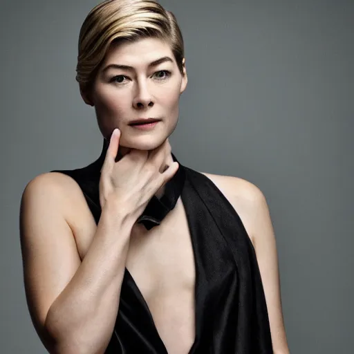 Image similar to rosamund pike wearing black robe and golden necklace cinematic photoshoot high quality highly affordable photo realistic 8 k hd