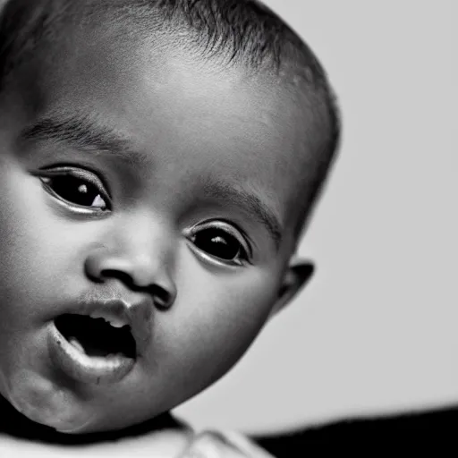 Image similar to Portrait studio photograph of baby Kanye West with a anthropomorphic teddy bear, close up, shallow depth of field, in the style of Felice Beato, Noir film still, 40mm