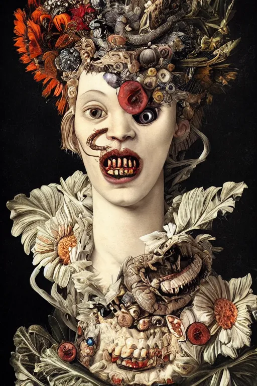 Prompt: Detailed maximalist portrait with large lips and with large eyes, teeth, botany, sad exasperated expression, HD mixed media, 3D collage, highly detailed and intricate illustration in the style of Caravaggio, dark art, baroque