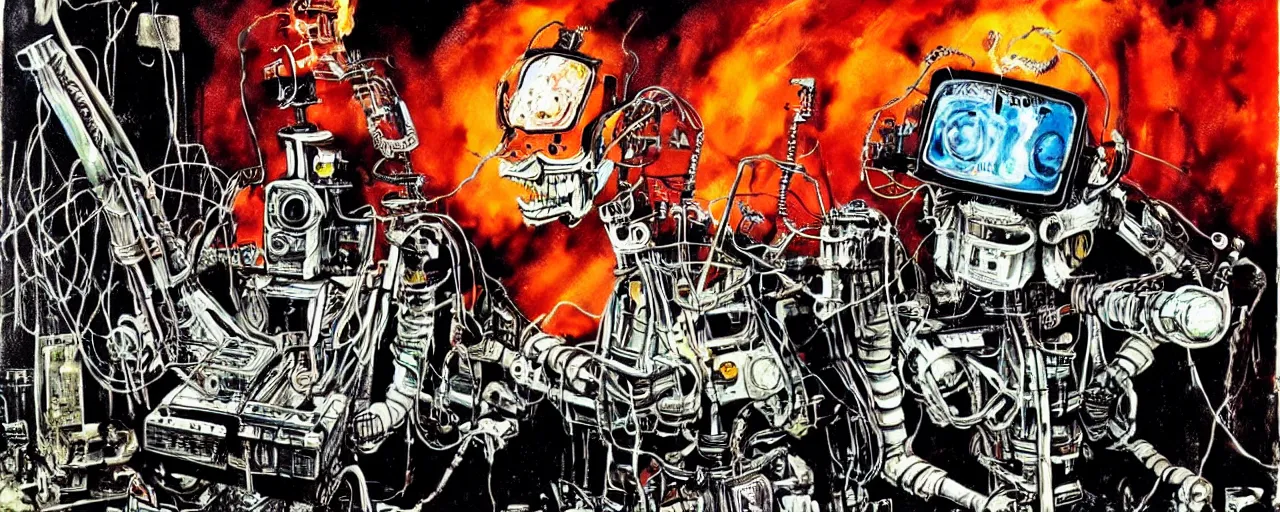 Image similar to an awesome ralph steadman painting of a robot reprogramming its head with a welding torch