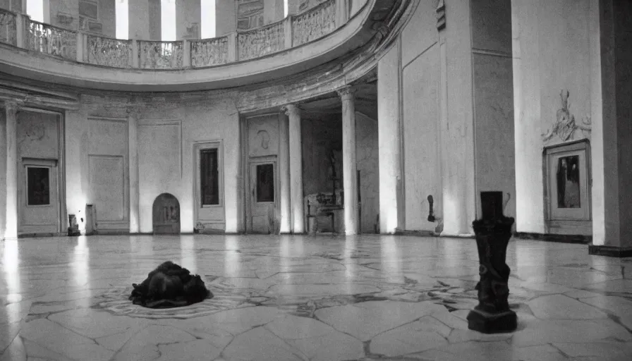 Image similar to movie still by tarkovsky of caligula knifed to death by senators on huge stairs, cinestill 8 0 0 t 3 5 mm, high quality, heavy grain, high detail, dramatic light, ultra wide lens, anamorphic