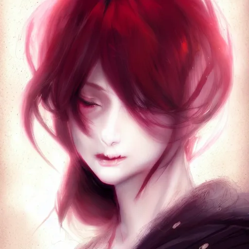 Image similar to facial portrait of a young pretty anime woman, long red hair, dark eyes, gothic eyeliner, character concept art, headshot, Charlie Bowater, Anna Dittmann, WLOP, Rumiko Takahashi, Akihiko Yoshida, Hyung-tae Kim, alexander mcqueen, trending on Artstation