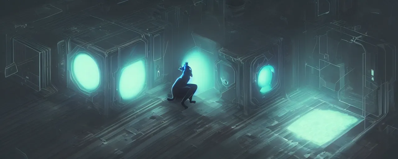 Image similar to duotone noir scifi concept illustration of black cat inside box zero gravity glowing 3 d mesh quantum portals, glowing eyes, octane render, surreal atmosphere, volumentric lighting. accidental renaissance. by sachin teng and sergey kolesov and ruan jia and heng z. graffiti art, scifi, fantasy, hyper detailed. trending on artstation