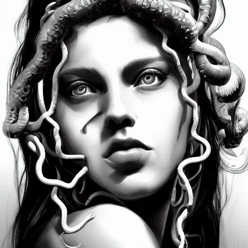 Prompt: medusa portrait painting, black and white, seductive, dynamic lighting, artstation, detailed, blurred background