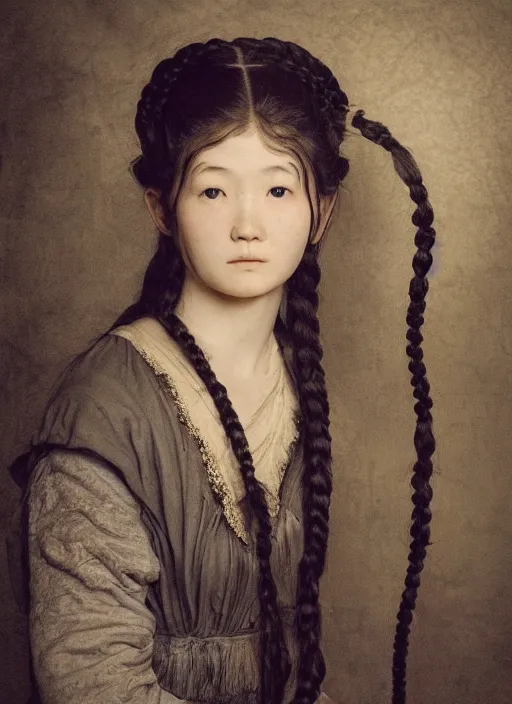 Prompt: a marble statue masterpiece of a daughter of the moon clan, with long, black, braided hair. standing in an old museum. nightime, low light, dark forest. strong, dabbled light falls on her face. full body portrait photo. macro detailed oily skin. highly detailed, sharpness. victorian dress. hyper realistic.