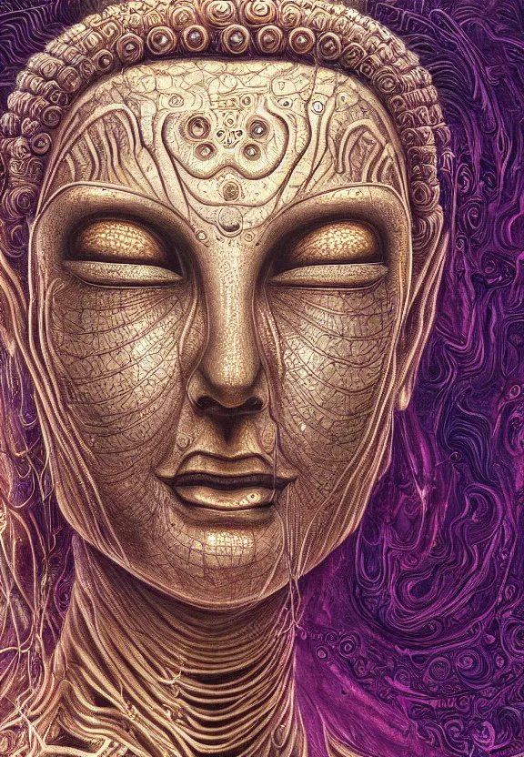 Image similar to perfectly centered portrait, front view of a beautiful biomechanical alien android robot buddha, female, flowing hair, intense stare, sarcastic smile, symmetrical, concept art, intricate detail, volumetric shadows and lighting, realistic oil painting by alex grey and gustave dore,