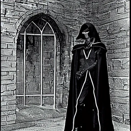 Image similar to a raven rogue wearing a vantablack cloak. in a high fantasy 1 9 7 8 castle. r / oldschoolfantasy