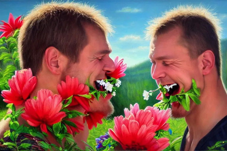 Image similar to ( ( a beautiful 8 k photorealistic masterpiece oil painting ) ( of ( two finnish men wrestling with flowers in their mouths and a big smile on their faces ) ( finnish scenery ) ) ( hyperrealism ) ( 1 6 k ) ( trending on artstation )