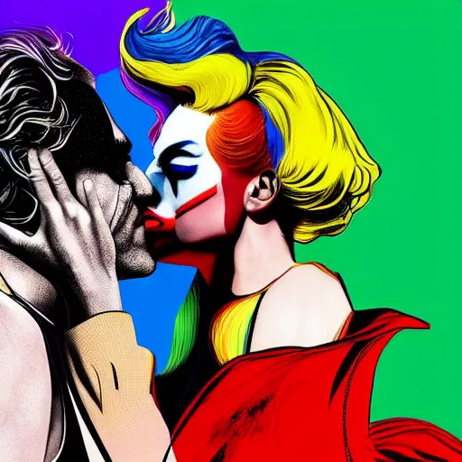 Image similar to richard hamilton and mimmo rottela as lady gaga harley queen and joaquin phoenix joker kissing, pop art, medium long shot, 2 color, justify content center, object details, dynamic composition, 4 k, ultra realistic art, smooth, sharp focus, illustration, concept art, intricate details, h 7 6 8