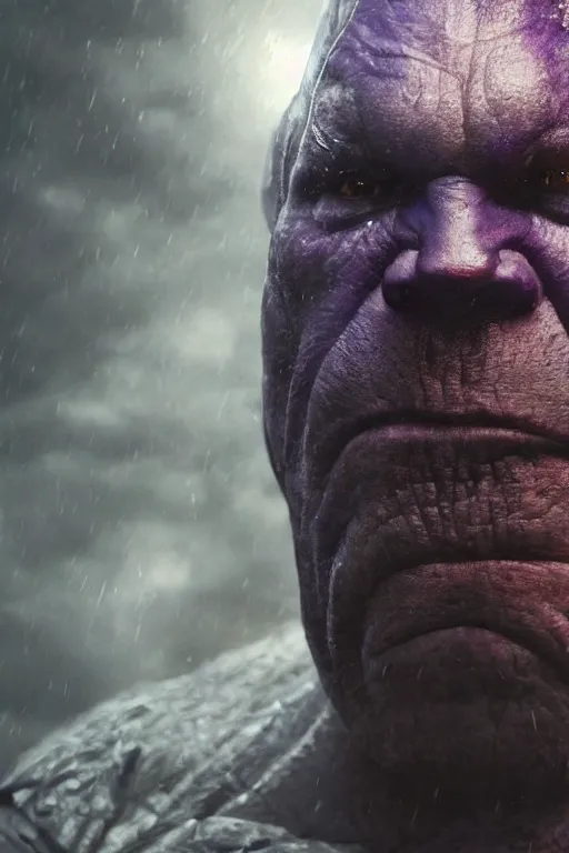 Image similar to characters portrait of Darkseid mixed with Thanos by Alyssa Monks, full-shot, merged character, Full body shot, cinematic opening shot, 4k, highly detailed, cinematic lighting