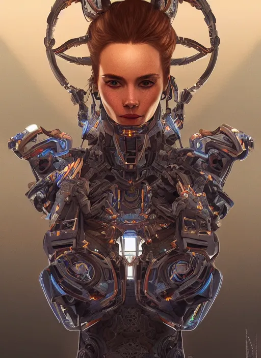 Image similar to symmetry!! portrait of robotic buxom alien in the style of horizon zero dawn, machine face, intricate, elegant, highly detailed, digital painting, artstation, concept art, smooth, sharp focus, illustration, art by artgerm and greg rutkowski and alphonse mucha, 8 k