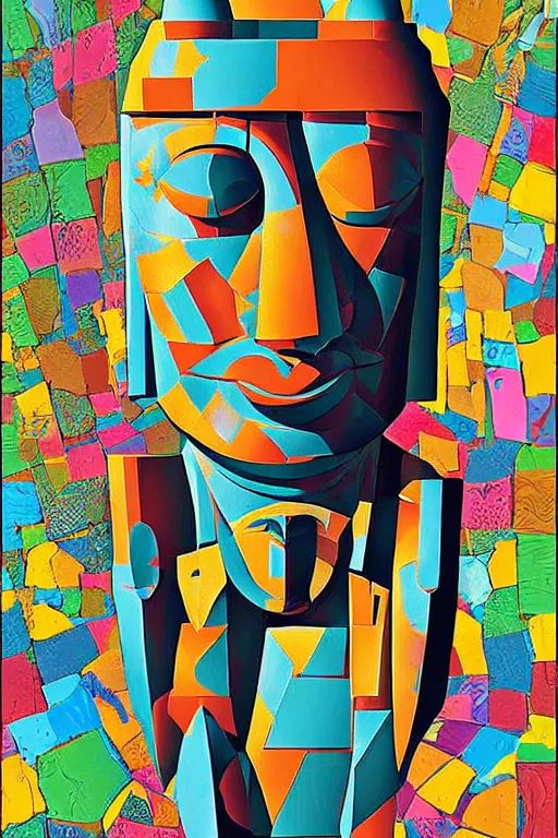 Image similar to cubist moai statue cutout digital illustration cartoon colorful beeple