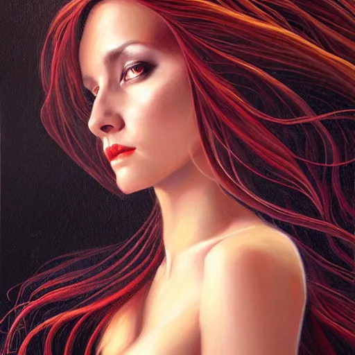 Prompt: portrait of a female wizard in flowing sensual dress, long flowing hair, delicate, looking at camera, slightly smiling, realistic face, stylish, elegant, extremely detailed painting inspired by Gerald Brom, studio lighting