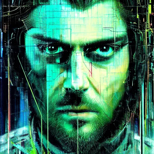 Image similar to hyperrealistic portrait of a cyberpunk man, long hair, confident, cybernetics, immersed within a network, by Guy Denning, Derek Gores, Russ Mills, glitch art, hyper focus, fined detail, polished, complex, hacking effects, holographic, digital tech effects, color blocking!, green, realistic, acrylic on canvas, concept art, abstract!, 8k, concept art, octane, cgsociety, trending on artstation