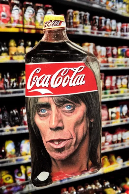 Prompt: a bottle of cola with iggy pop's face on the label, sitting on a store shelf