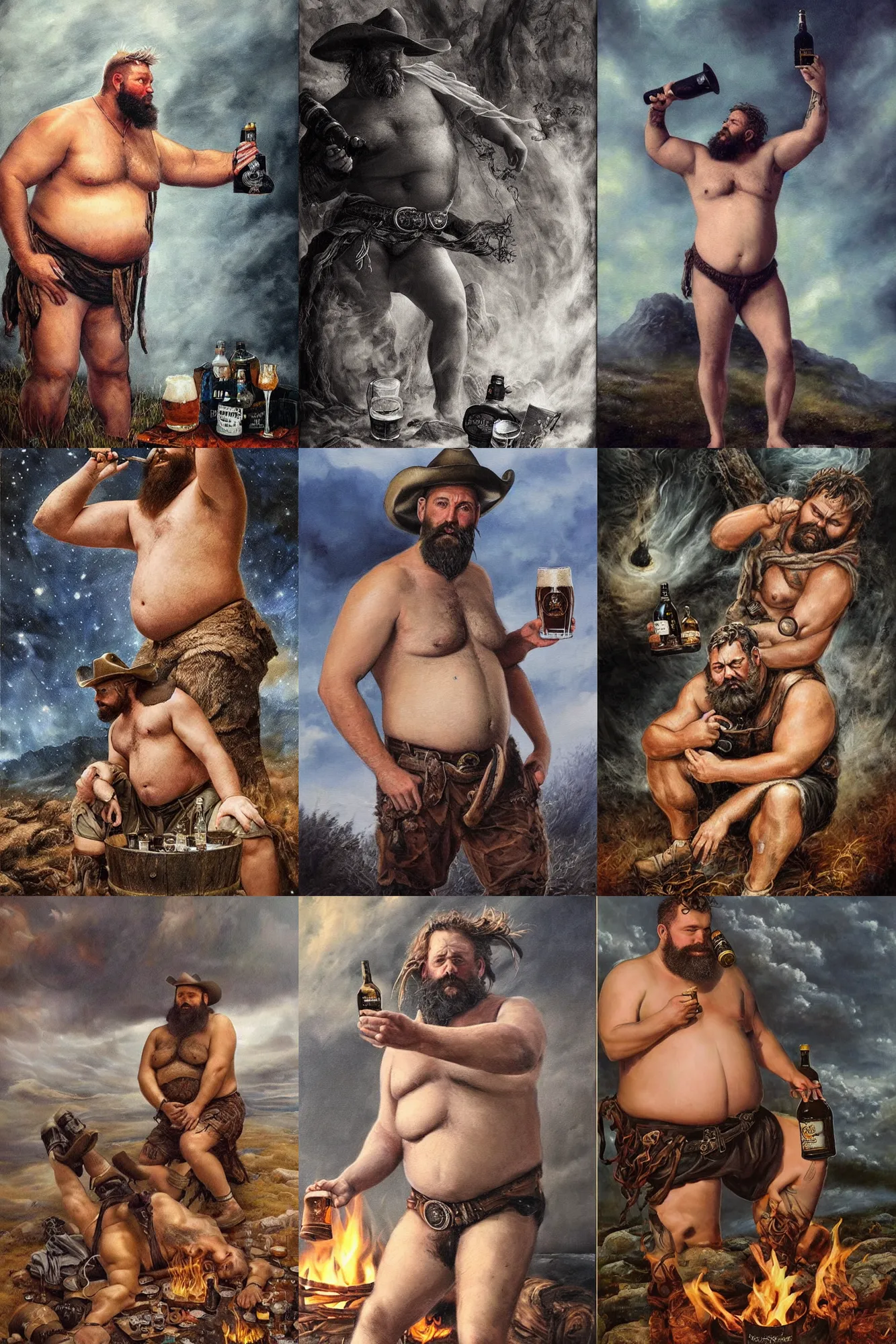 Prompt: a dramatic, epic, ethereal painting of a !!!handsome!!! thicc chunky beefy mischievous shirtless rugged man with a big beer belly wearing a large belt and bandana offering a whiskey bottle | he is a cowboy short beard relaxing by a campfire | background is a late night with food and jugs of whisky | homoerotic, rugged | stars, tarot card, art deco, art nouveau, mosaic, intricate | by Mark Maggiori (((and Alphonse Mucha))) | trending on artstation