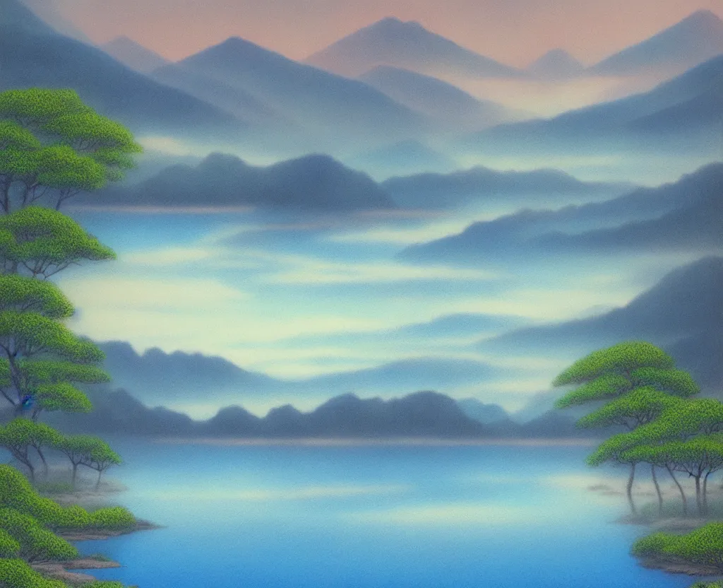 Image similar to a landscape pastel in the style of noriyoshi ohrai of a blue reflective path to some misty mountains in the background. along the path stands pillars that reflect in the water. key art. 4 k fantasy