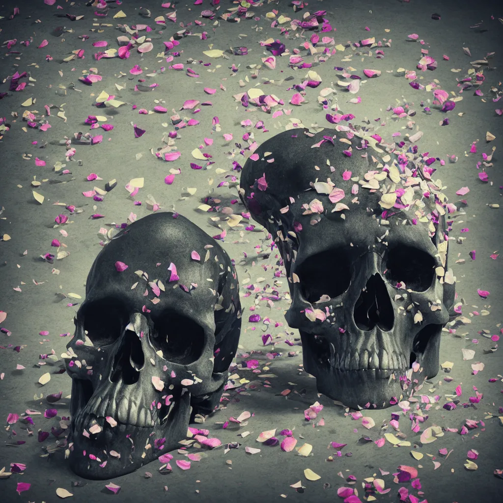 Image similar to obsidian skull surrounded by flower petals, octane render, trending on artstation