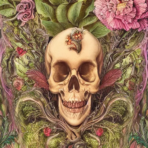 Image similar to a beautiful detailed rococo photo of a rotten woman corpse becoming almost a skull with face muscles, veins, arteries, fractal plants and fractal flowers and mushrooms growing around, intricate, ornate, volumetric light, beautiful lit, beetlejuice