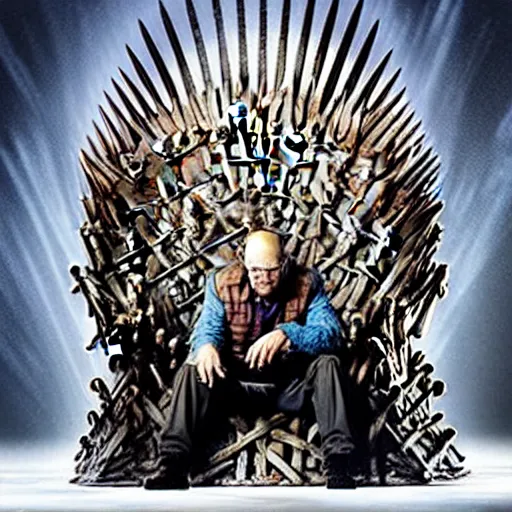 Image similar to “Very hyperrealistic studio photo of Walter White sitting on the Iron Throne from Game of Thrones, award-winning details”