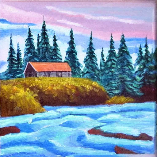 Prompt: “ a forrest in canada, a river, a small blockhouse, snow, colorful, highly detailed oil painting ”