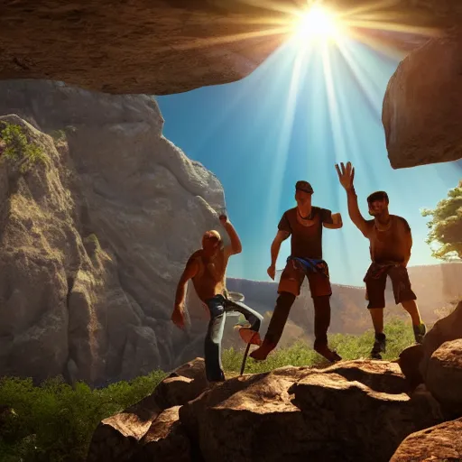 Prompt: four men building an adventure party. they jumpdown a cliff as a team. v - ray render. 8 k. expressive. dynamic lighting. lensflare. realistic.