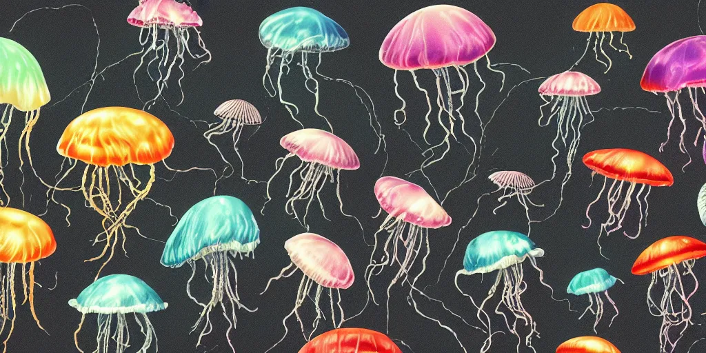 Prompt: full color page scan of various vintage jelly fish illustrations on black background, in matte painting, 2 d, kitbash, 4 k