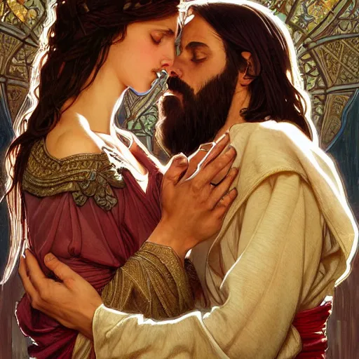 Prompt: 1 8 th jesus kissing a woman, intricate, elegant, highly detailed, digital painting, artstation, concept art, matte, sharp focus, illustration, art by artgerm and greg rutkowski and alphonse mucha