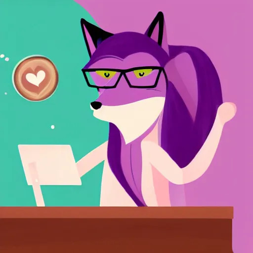 Prompt: A light pink fox with purple hair sits at a desk typing on a laptop with a cup of coffee, digital furry art, furry fandom