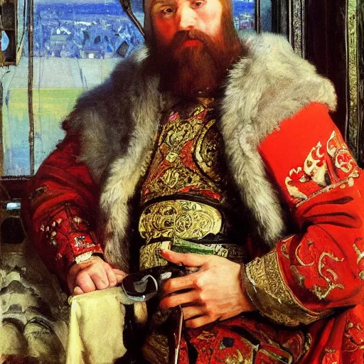 Image similar to portrait of medieval russian tsar in Cap of Monomakh sitting and holding iphone smartphone cellular masterpiece painting by vasnetsov and surikov serov, JEAN-VICTOR BERTIN, by Terence Cuneo, detailed, artfully traced, 4k resolution, cinematic, dramatic