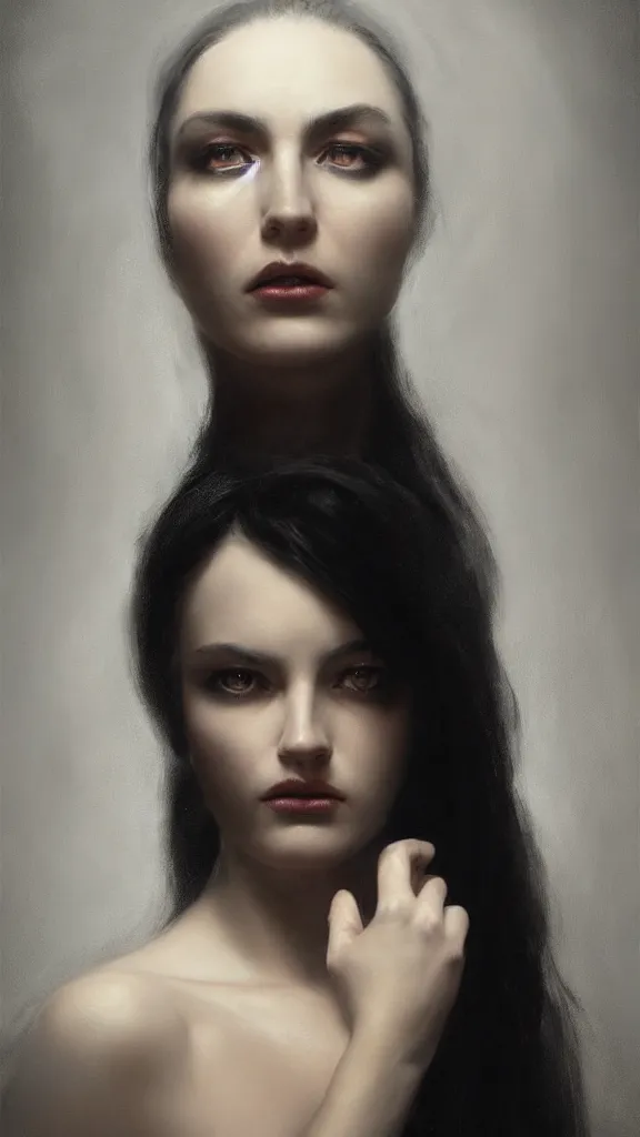 Image similar to Face of a beautiful woman with very black hair, intimidating woman, large black eyes, high forehead, smooth pale skin, ethereal skin, ominous, eldritch. oil painting by nuri iyem, james gurney, james jean, greg rutkowski, highly detailed, soft lighting, chiaroscuro