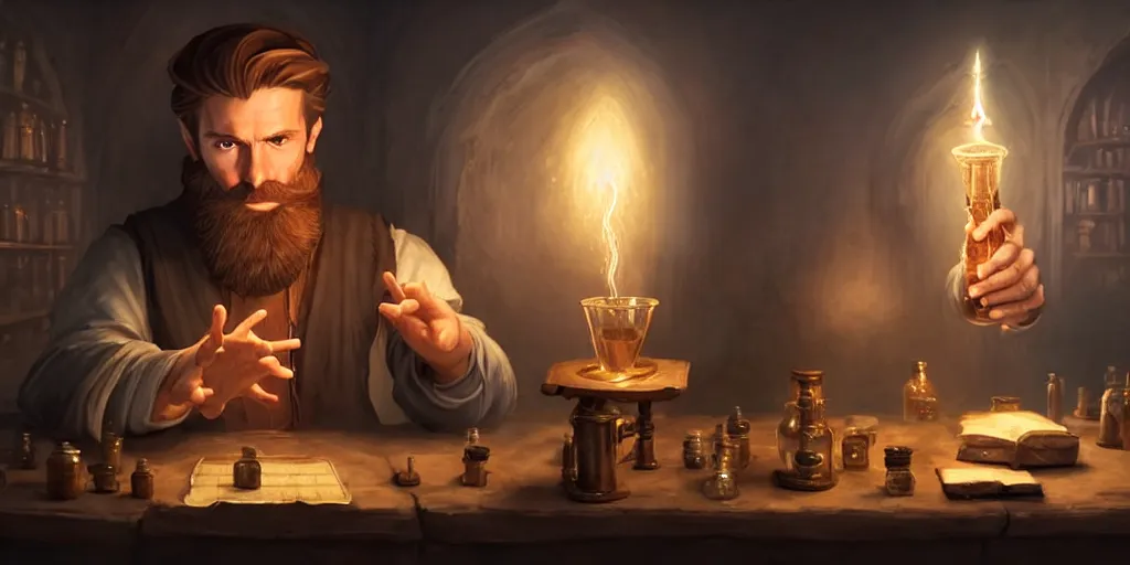 Prompt: a handsome bearded white male sorcerer with brown hair he is casting a spell from his hands, he is in a alchemist workshop filled with beakers and equipment, neutral pose, sharp focus, waist up, 4 k, by greg rutkowski, rudy siswanto and anna podedworna