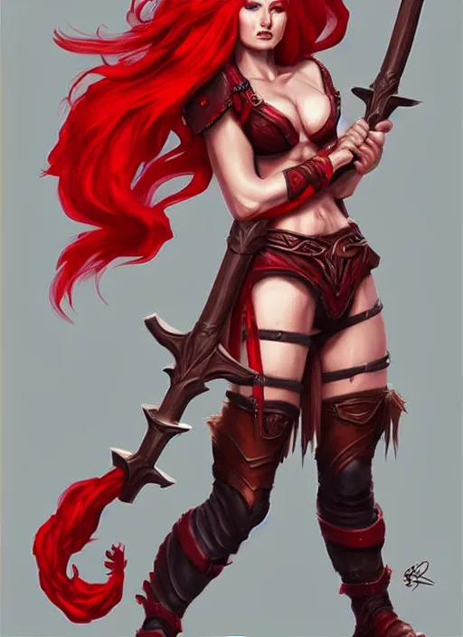 Image similar to a woman with red hair holding two large axes, concept art by senior character artist, true anatomy, extremely beautiful face, extremely detailed face, artstation contest winner, fantasy art, concept art, artstation hd, 2 d game art