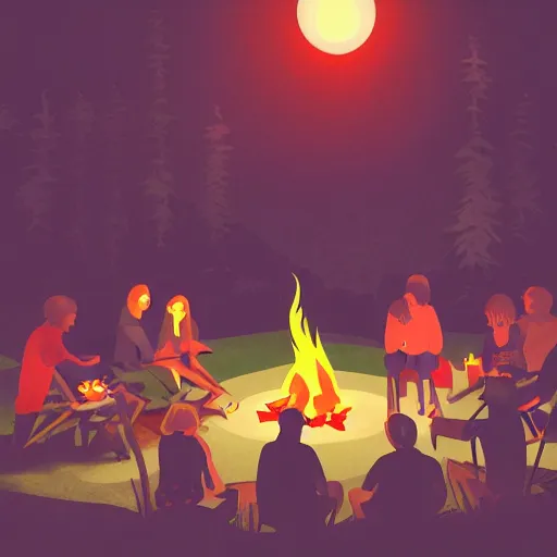 Prompt: sad people gathered around a camp fire at night, dark background, digital art