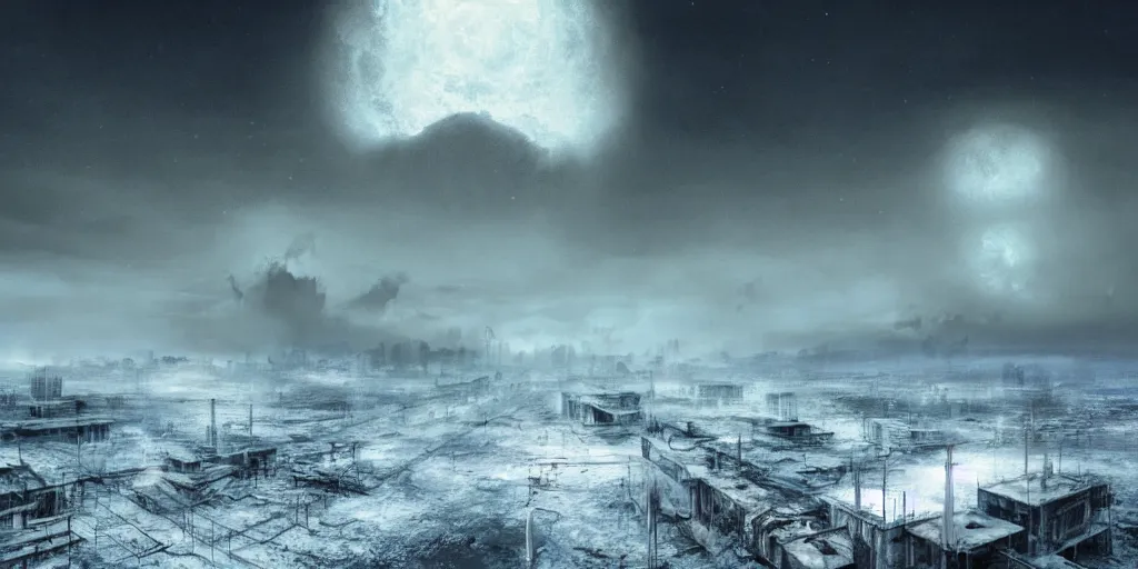 Image similar to nuclear winter, jakarta, near future, fantasy, sci - fi, hyper realistic, serene.