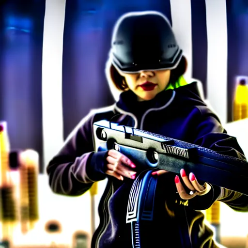 Image similar to photographic portrait of a techwear woman holding a shotgun, closeup, on the rooftop of a futuristic city at night, sigma 85mm f/1.4, 4k, depth of field, high resolution, full color, Die Hard, movies with guns, movie firearms