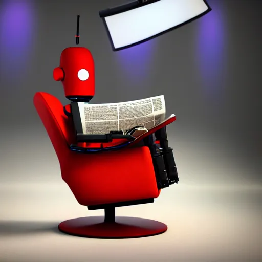 Image similar to futuristic studious matte brown and red full-body humanoid robot with two huge round expressive sad purple glowing LED eyes and open rectangular mouth sitting on a large comfortable cushioned 1950s vintage recliner reading a newspaper. open newspaper. Cinematic Movie Photograph, Arri Alexa, Extremely Detailed, smooth, very very clean, 8K, octane render, maya render, unreal engine, trending on artstation, DSLR, excellent composition, center frame